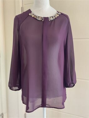 Pleione Elegant  Plum  Blouse with Jeweled Collar with front & back centre pleat